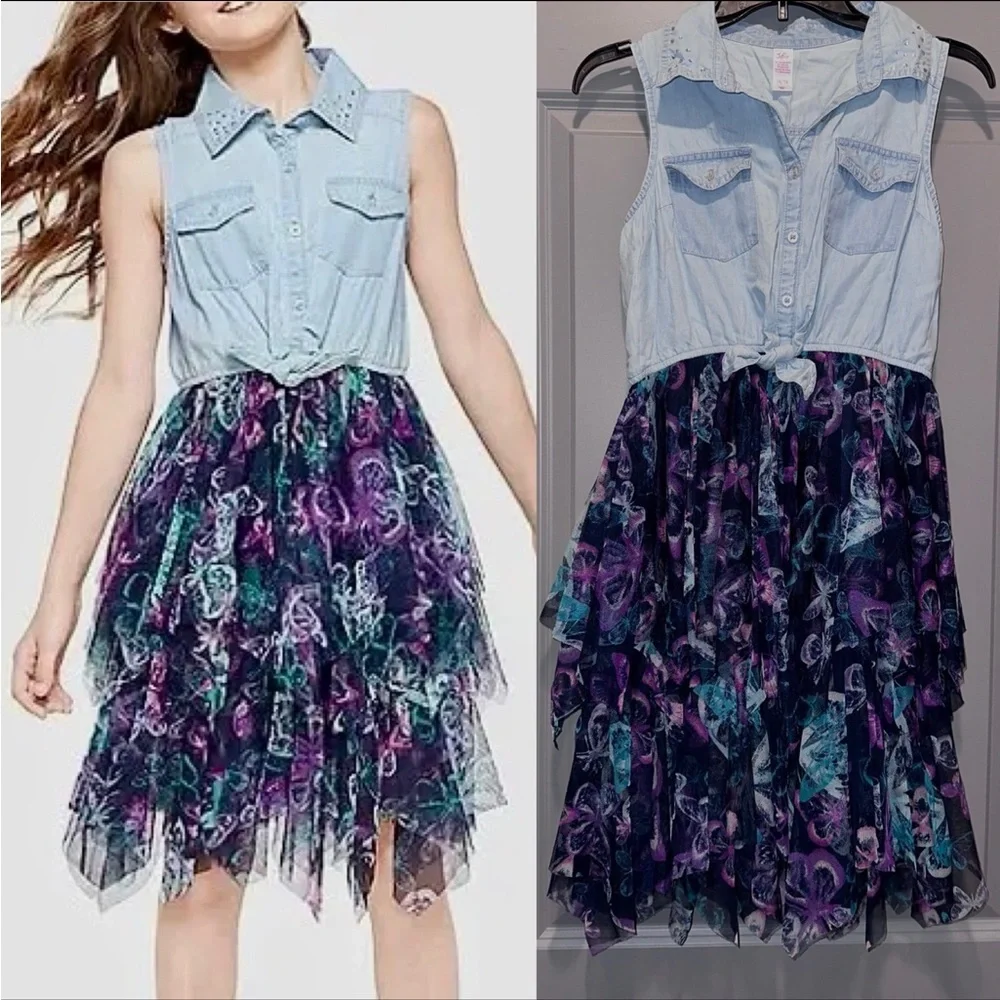 JUSTICE Sleeveless Denim and Butterfly print Dress